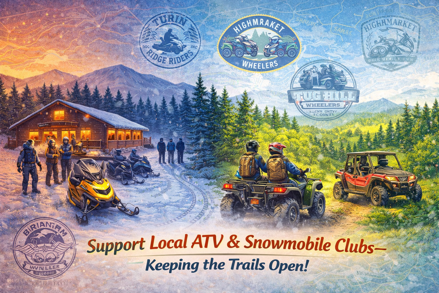 Local ATV and snowmobile clubs supporting trail maintenance in the Tug Hill region with riders and scenic forest background.
